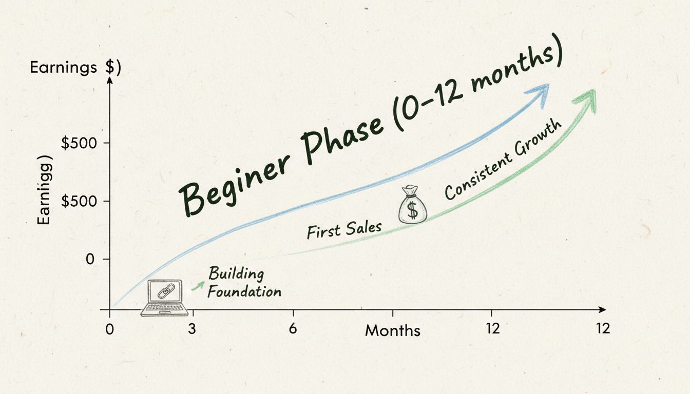 Wykres progresji zarobków początkującego afilianta pokazujący wzrost od 0 do 1000 USD w ciągu 12 miesięcy
