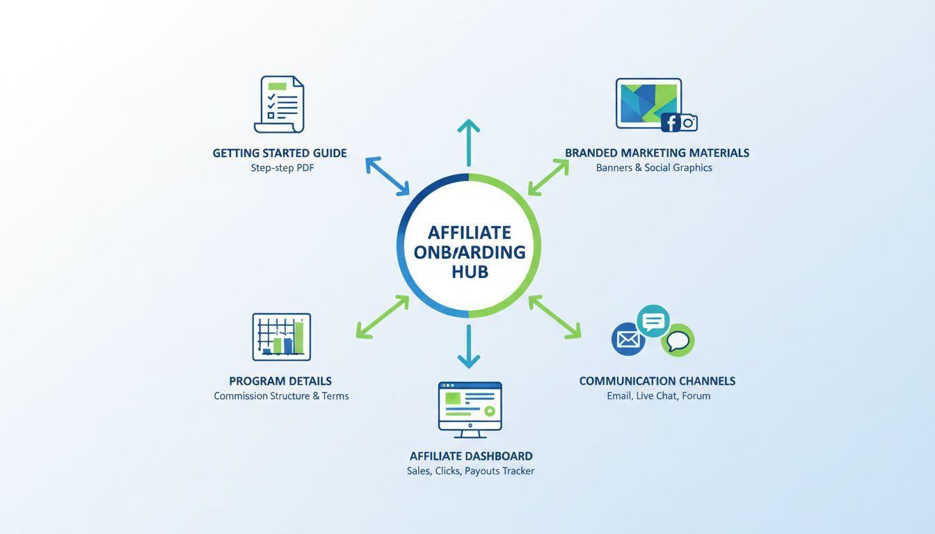 Infografika przedstawiająca materiały i zasoby do onboardingu afiliantów: przewodnik startowy, firmowe materiały marketingowe, szczegóły programu, kanały komunikacji i panel afilianta
