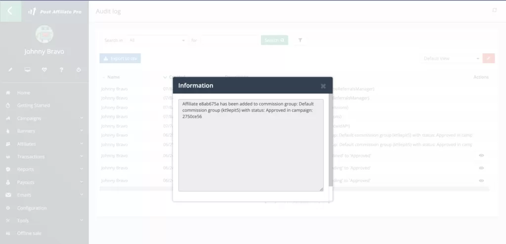 Informacje z dziennika audytu w Post Affiliate Pro