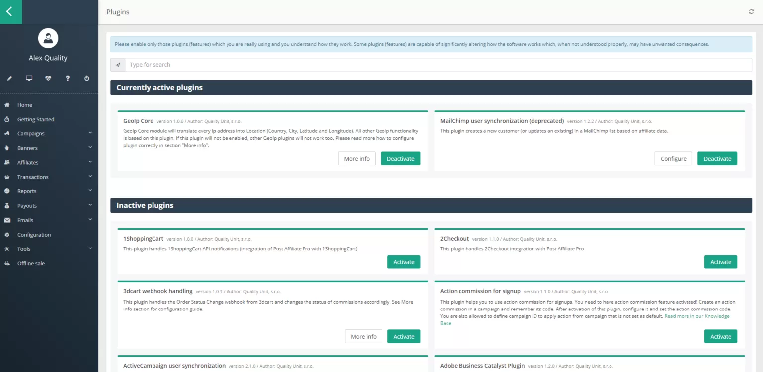 Wtyczki Post Affiliate Pro