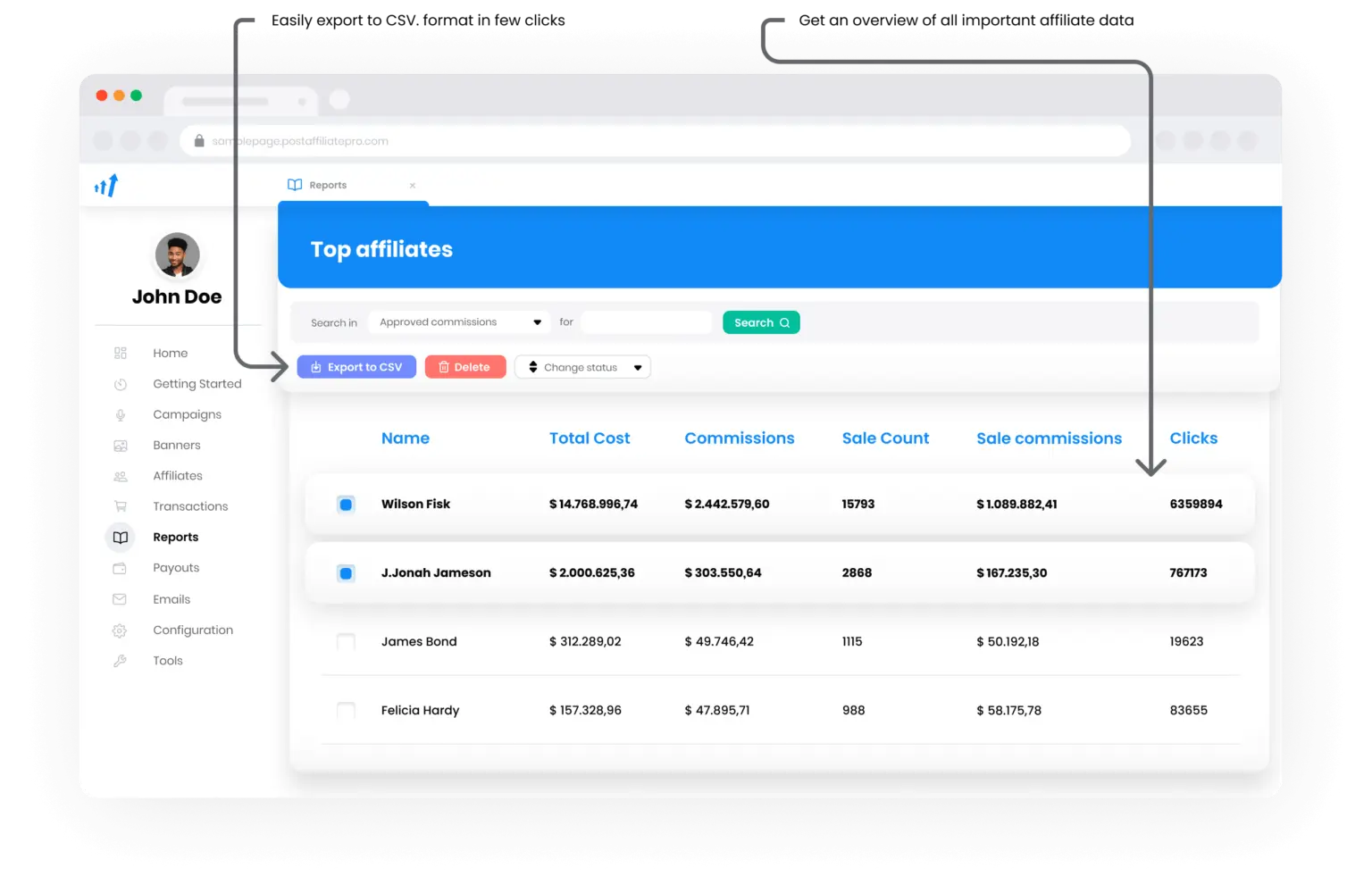 Raporty partnerów i kliknięć w Post Affiliate Pro