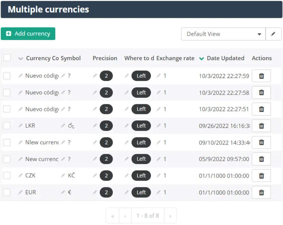 Multiple currencies