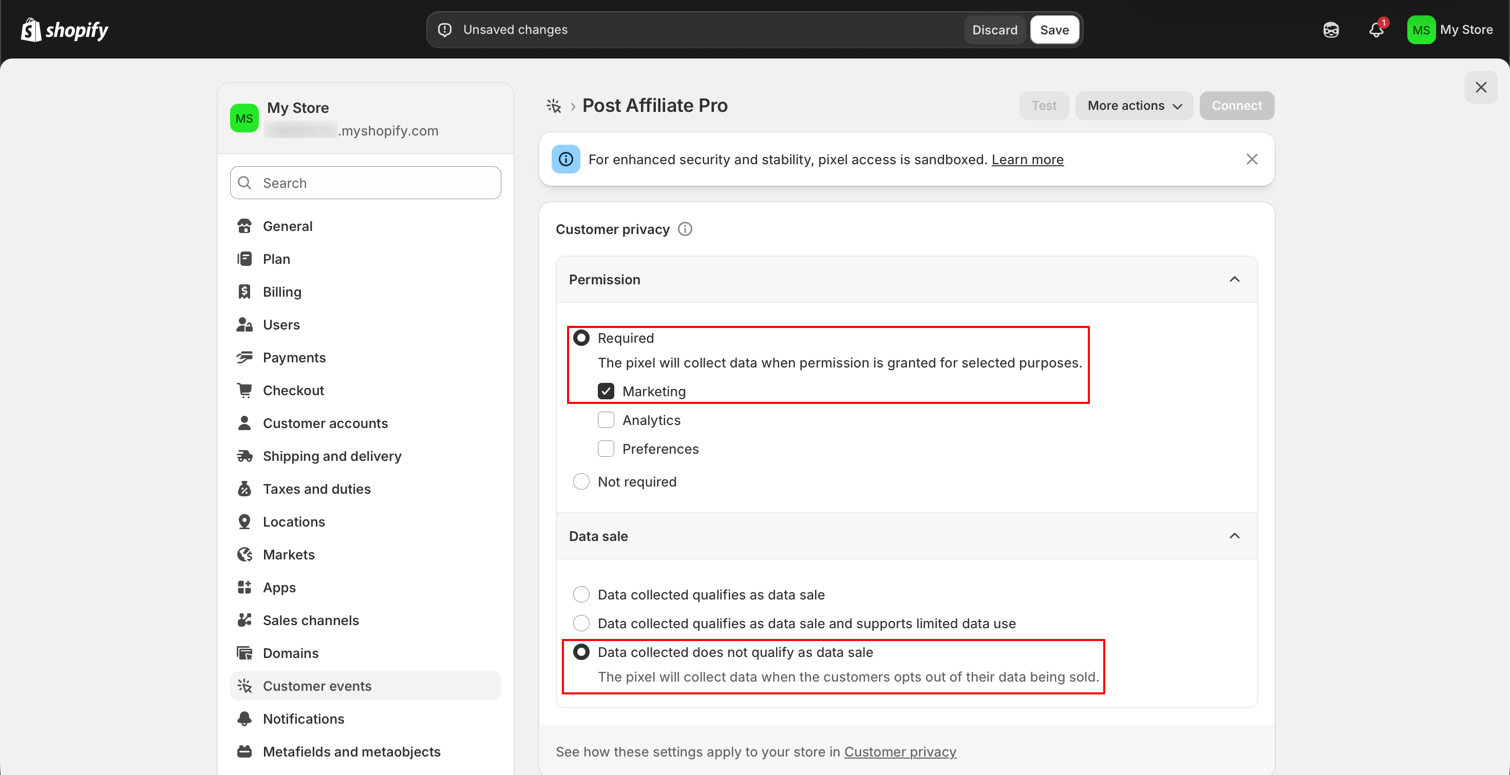 Custom pixel settings showing Permission set to Required and Marketing checked