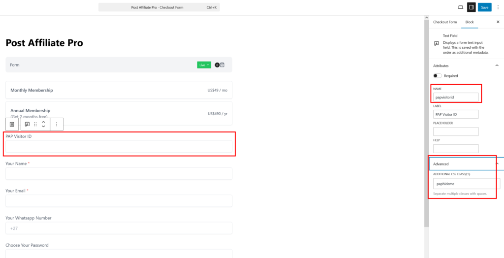 Dodanie pola papvisitorid do formularza zamówienia SureCart