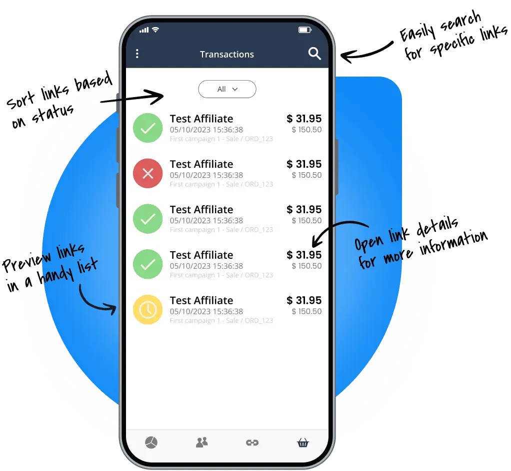 Przegląd funkcji zarządzania transakcjami w mobilnej aplikacji Post Affiliate Pro.