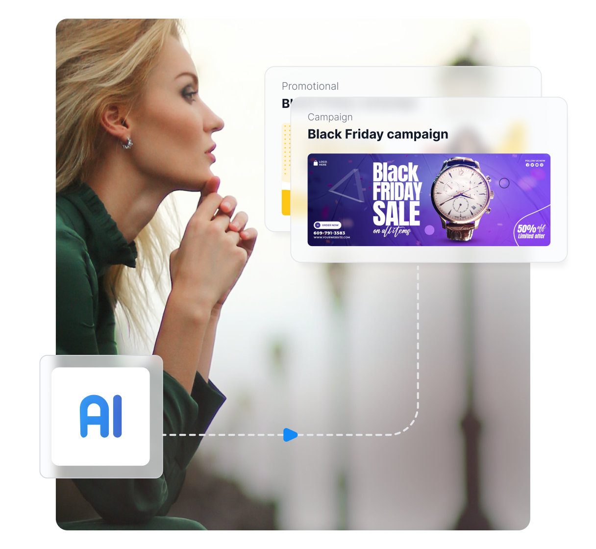 Panel AI na smartfonie pokazujący banery afiliacyjne oraz wykresy skuteczności (CTR, konwersje)