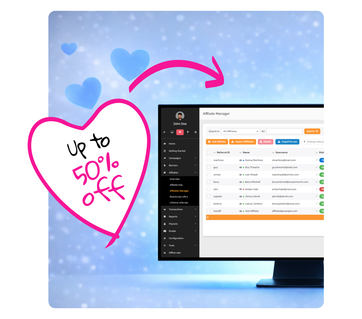 Walentynkowa ilustracja bohatera dla promocji Post Affiliate Pro