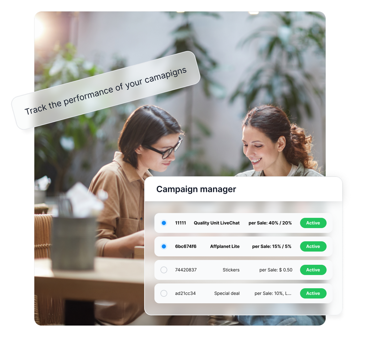 Funkcja raportów kampanii w Post Affiliate Pro prezentująca wyniki partnerów i materiałów promocyjnych.