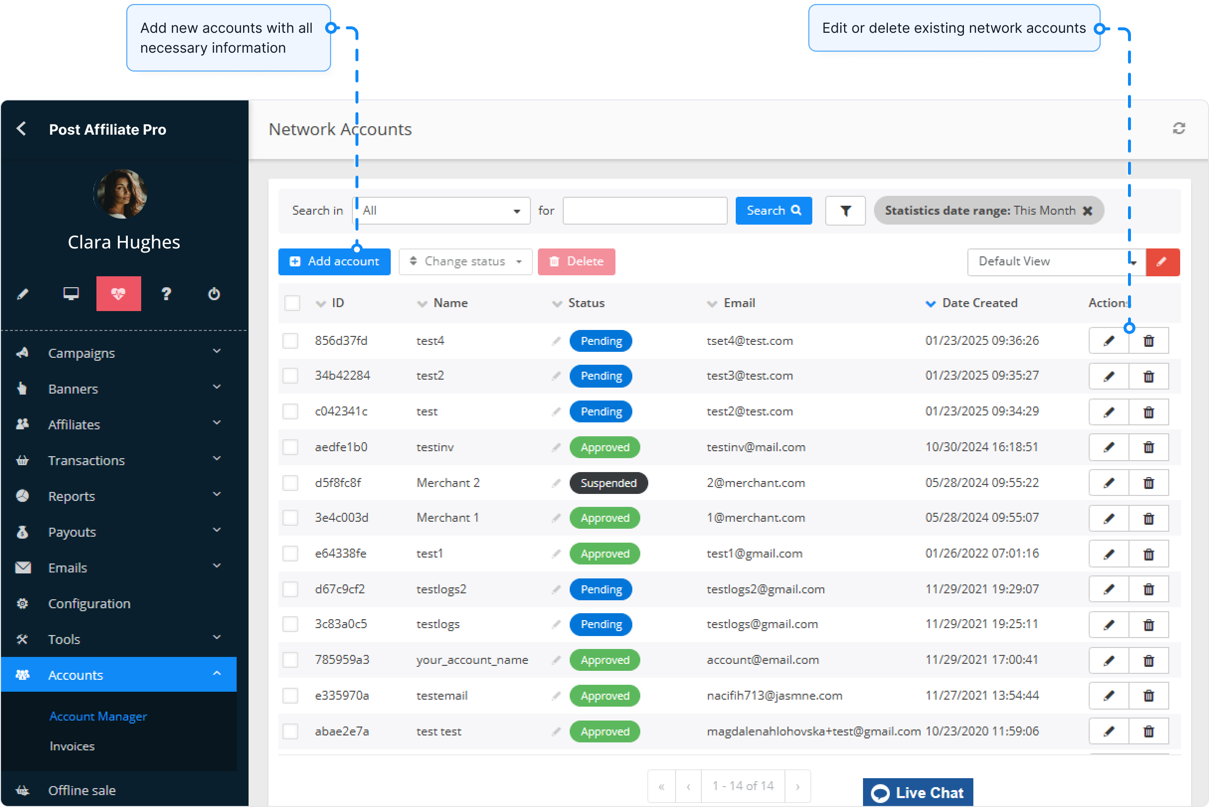 Przegląd funkcji kont sieciowych w Post Affiliate Pro.