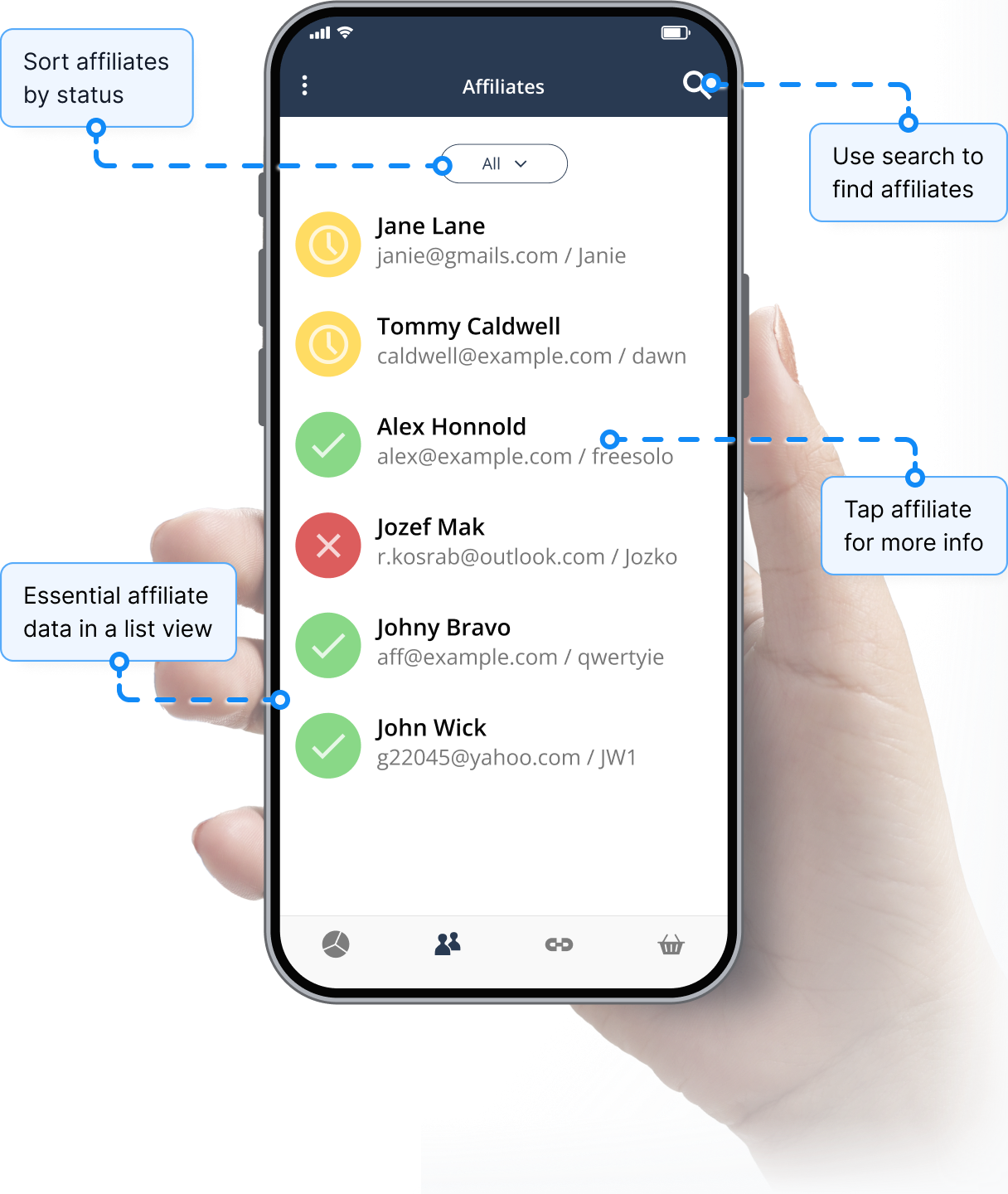 Przegląd funkcji zarządzania partnerami w mobilnej aplikacji Post Affiliate Pro.