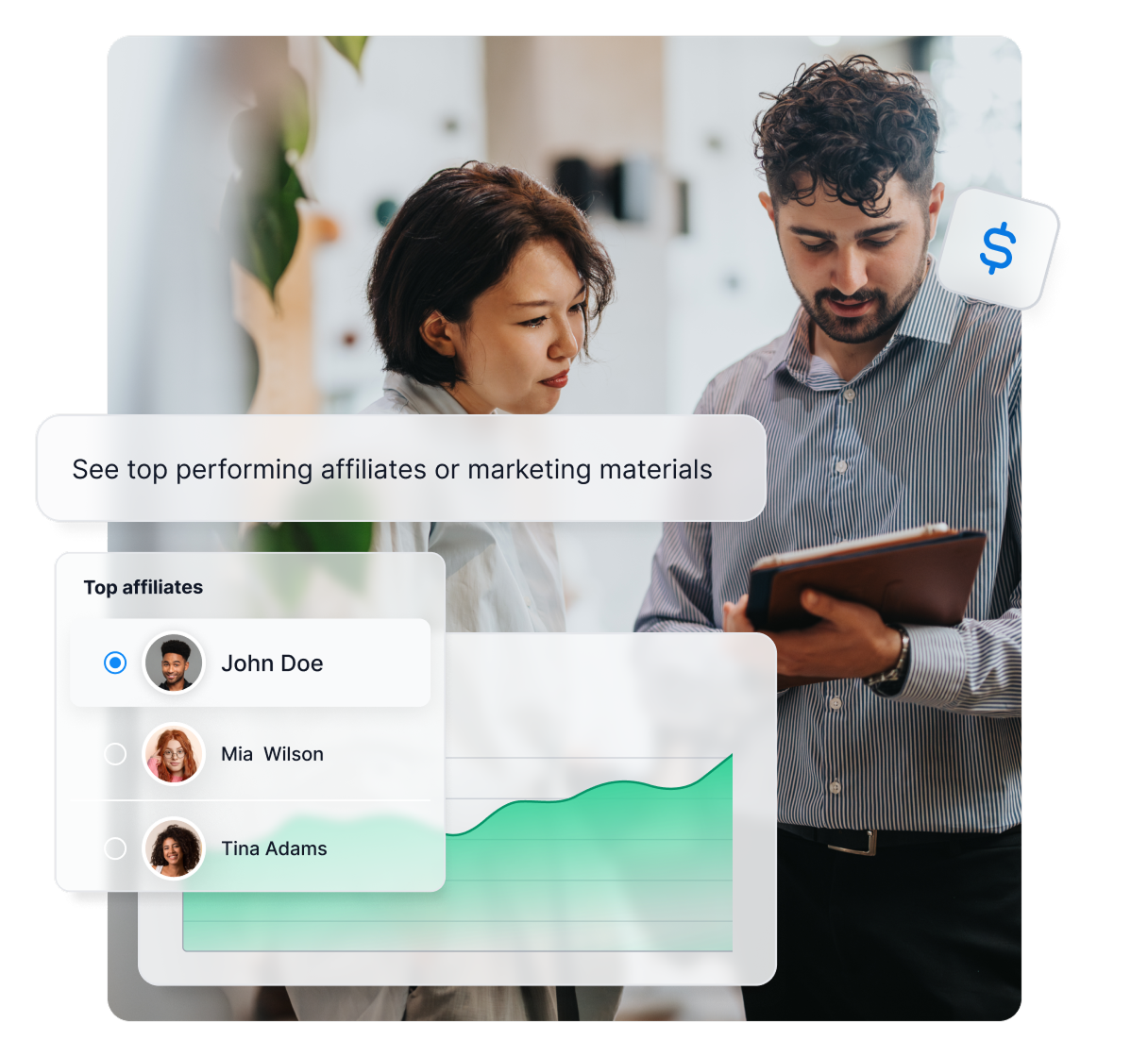 Funkcja raportów partnerskich w Post Affiliate Pro prezentująca najlepszych partnerów, wyniki bannerów i skuteczność kampanii.